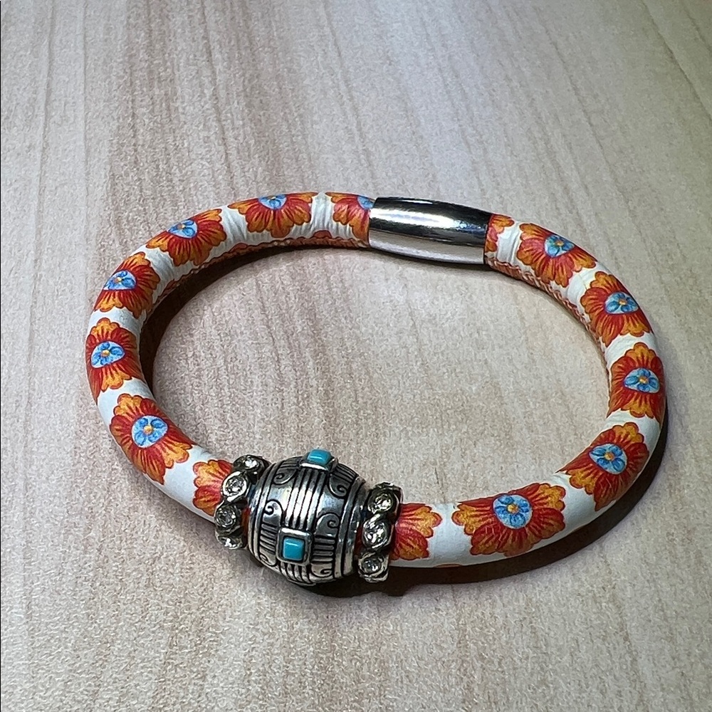 Floral Silver and Turquoise Woodstock Bracelet